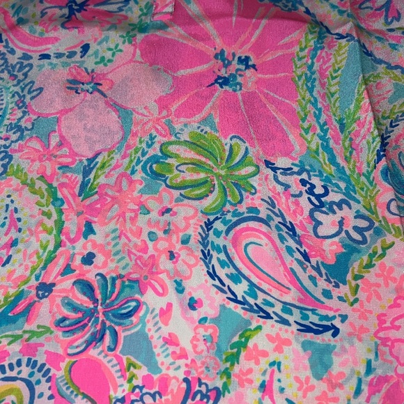 Lilly Pulitzer ELSA 100% Silk Top Flock Full of Fun Pink Blue Blouse size Medium - Picture 3 of 7